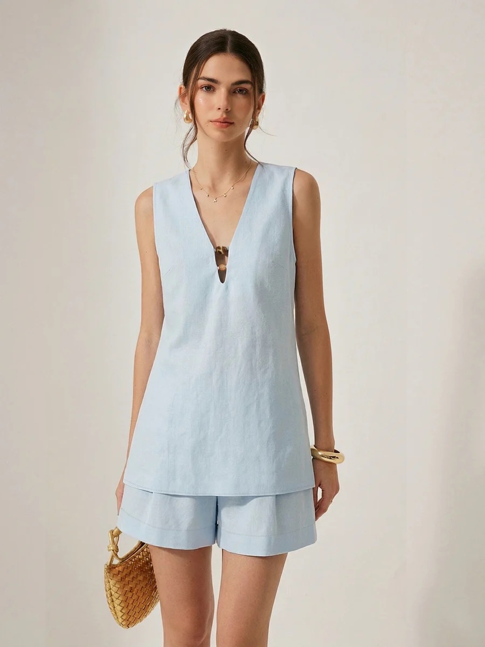 COMMENSE Beaded Detail Linen Blend Top & Short Set
